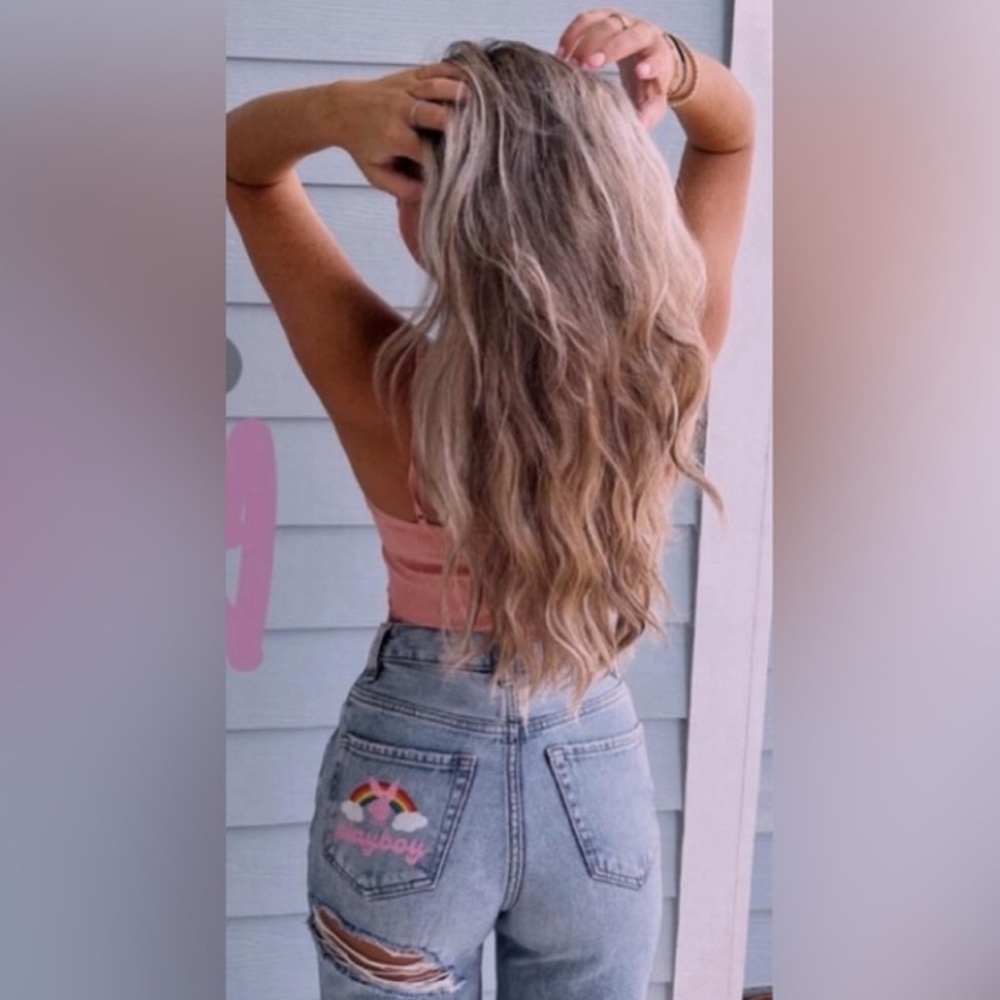 Playboy Bunny '90s Over the Rainbow Boyfriend High Rise Ripped Butt Jeans - Picture 2 of 4
